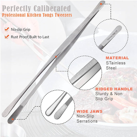 A2Z 2Pc Precision Kitchen Culinary Tweezer Tongs Set, Stainless Steel Offset Handle & Wide Jaws Chef Plating Tweezers for Plating Small Delicate Foods, Cooking, Grilling Serving Tongs - 12 inch