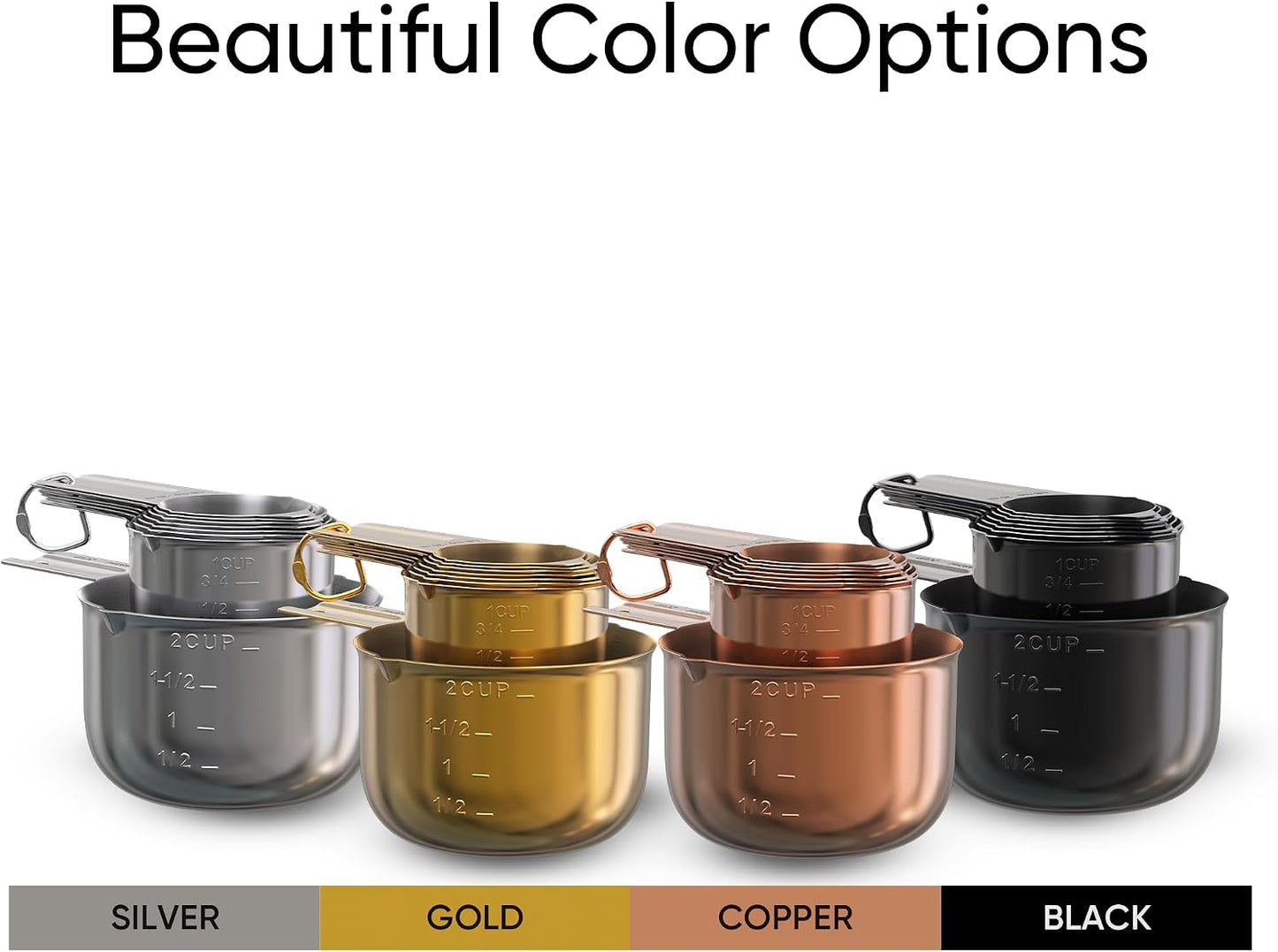 Color Up Measuring Cup Set, 8 Piece, Copper and Chrome Finish, Stainless Steel, Accurate for Wet & Dry Ingredients, Embossed Markings, Easy Pour Spouts, Dishwasher Safe, Kitchen Essential (Stainless)