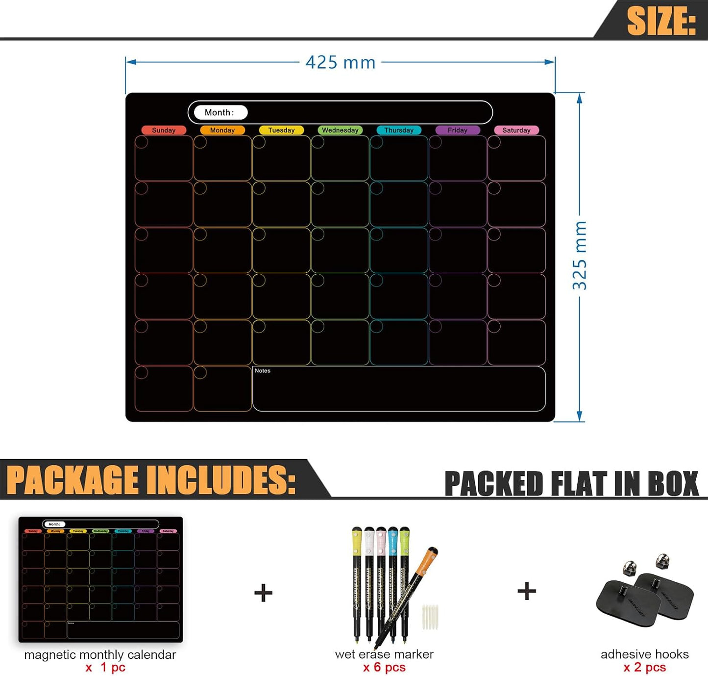 MAG-FANCY Magnetic Dry Erase Calendar for Refrigerator Weekly Chore Chart Schedule Planning Board 6 Fine Tip Wet EraseMarkers & Mounts for Wall Hanging Black