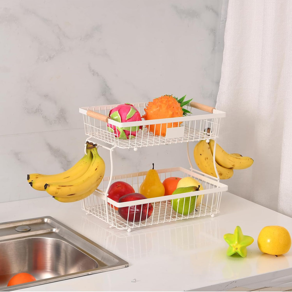 Fruit Basket Bowl 2 Tier Detachable with 2 Banana Hangers, Fruit Stand Holder for Kitchen Countertop, Metal Wire Vegetable Storage Organizer, for Bread Snack Veggies Produce, Black