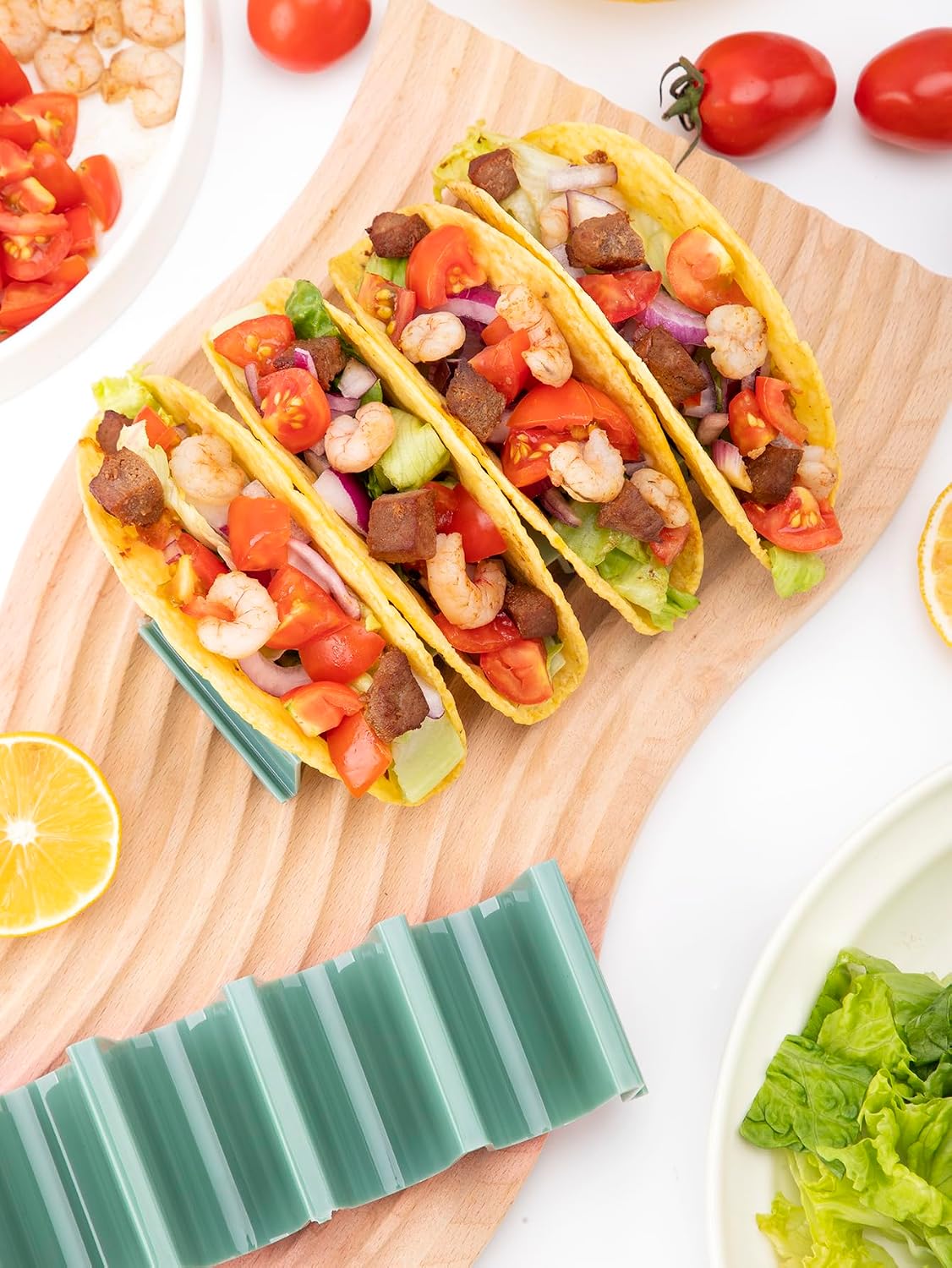 Dark Green Taco Holder Stand - 2 Pack, Wave Shape Taco Tray for Party, Holds 4 Tacos Each, Dishwasher Safe & Stackable