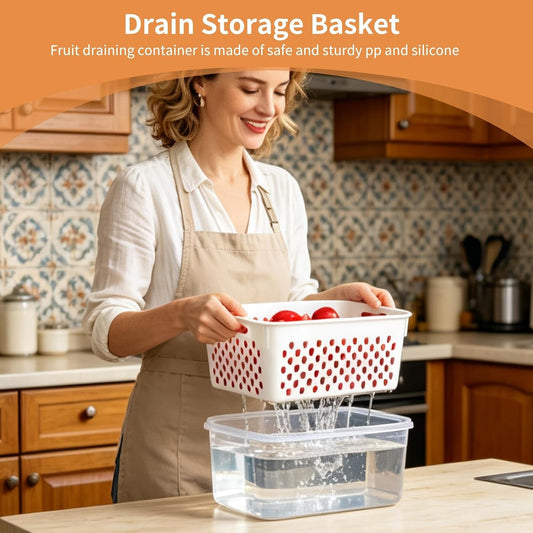 Drain Storage Basket, Fruit Storage Containers for Fridge with Removable Colander and Lid Produce Containers Keep Fruits Vegetables Meat Freshness (3300ML)