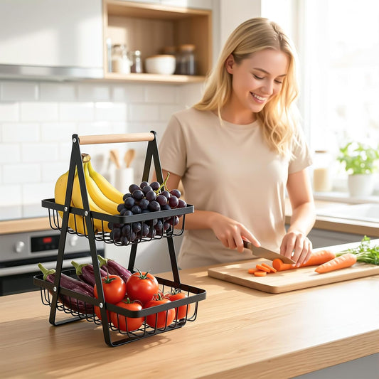 Detachable 2 Tier Fruit Basket for Kitchen Counter, Stainless Steel | Suitable for sorting produce, bread, and snacks in black rectangular baskets with a wooden carry handle for easier access