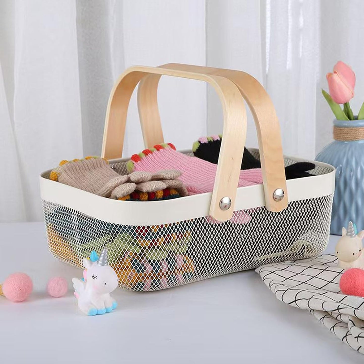 AJIODA Metal Mesh Steel Basket, Storage Organizer Basket Garden Harvest Basket Multi-functional Kitchen Fruit Baskets Bin with Wooden Handle for Bathroom Picnic Shopping Decor Cabinet Home, Pink