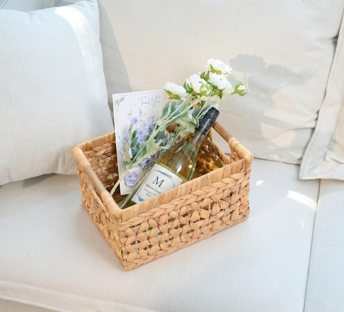 NAYA 11.6" Water Hyacinth Medium Wicker Shelf Basket – Storage Bin | Handwoven water hyacinth shelf basket with sturdy handles for pantry, towels and everyday home organization.