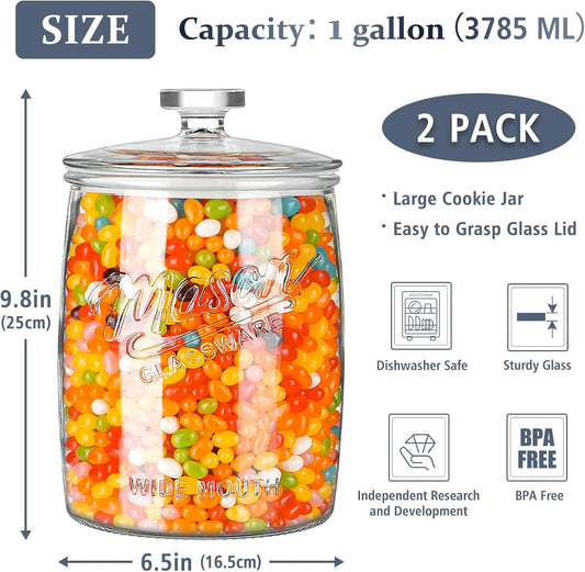 Folinstall 2 Pack 1 Gallon Glass Cookie Jar, Large Glass Jar with Airtight lid, Glass Food Storage Container for Cookies, Candy, Flour, Dog Treats, Coffee, Apothecary Jars