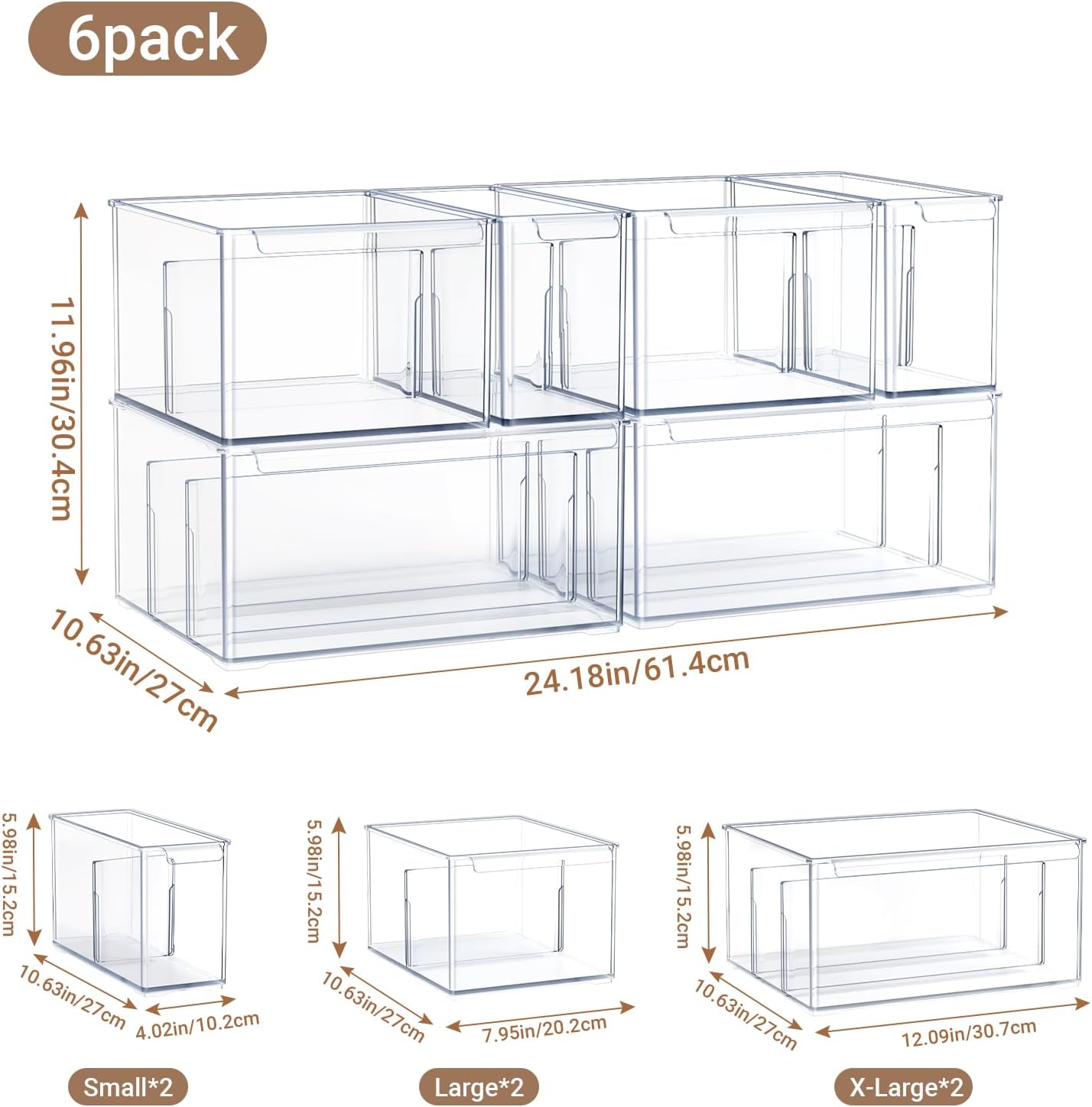 Clear Plastic Storage Bins with Dividers for Fridge Pantry Organizers and Storage Containers, 3 Pack Acrylic Stackable Sturdy Storage Boxes for Home Edit and Cabinet Organizers C6-1