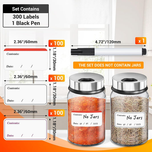 Segarty Food Label Stickers, 300 Pcs Blank Expiration Date Stickers to Write On, with 1 Black Pen, Waterproof Removable Freezer Labels for Glass Spice Jars, Canister, Food Container
