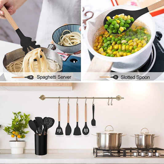 LIANYU 15 PCS Silicone Kitchen Utensils Set with Holder, Cooking Utensils set for Nonstick Cookware, Heat Resistant & Non Toxic Spatula Ladle Tong, White