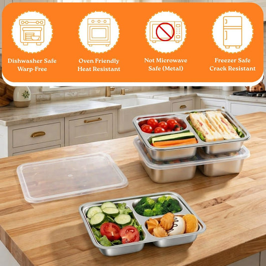 4 Pack Snack Containers for Kids, Stainless Steel Toddler Plates with Lids, 3 Compartment Food Container, Baby Plates, Stainless Steel Lunch Box for Kids, Bento Box Meal Prep Containers