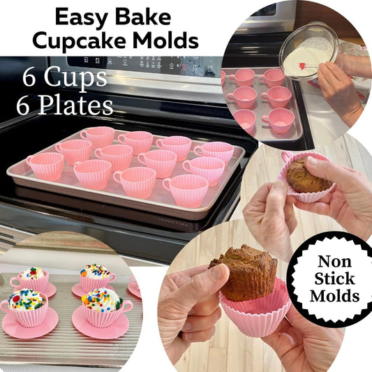 Evelots Baking Cupcake Molds - Silicone Teacup Set - 24 Pc Set - Oven-Safe - Nonstick - Muffin Cups for Bridal/Baby Shower, Birthday/Tea Party - 12 Cups & 12 Saucers - BPA Free