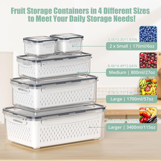 5 Pcs Fruit Storage Containers For Fridge with Removable Colander and Handle Lid, Refrigerator Organizers and Storage, Airtight Container to Keep Berry Fruit and Vegetable Fresh Longer Dishwasher Safe