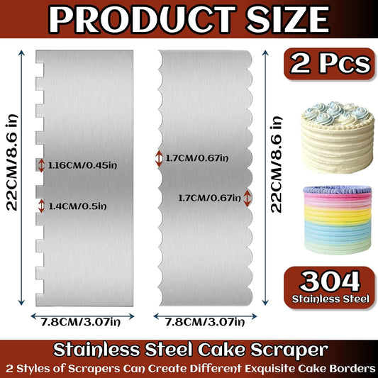 2 Pcs Stainless Metal Cake Scraper Smoother, 8.6 Inch Double Sided Patterned Edge Cake Decorating Supplies Spatula Frosting Icing Tools Comb for Buttercream, Frosting, Mousse, and Baking Projects