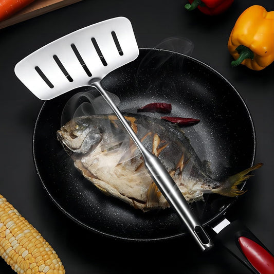 GREATLINK 304 Stainless Steel Fish Spatula,Wide Slotted Turner Steak Spatula With Heat Resistant Long Handle,Professional Kitchen Slotted Cooking Turner for Cooking or Baking