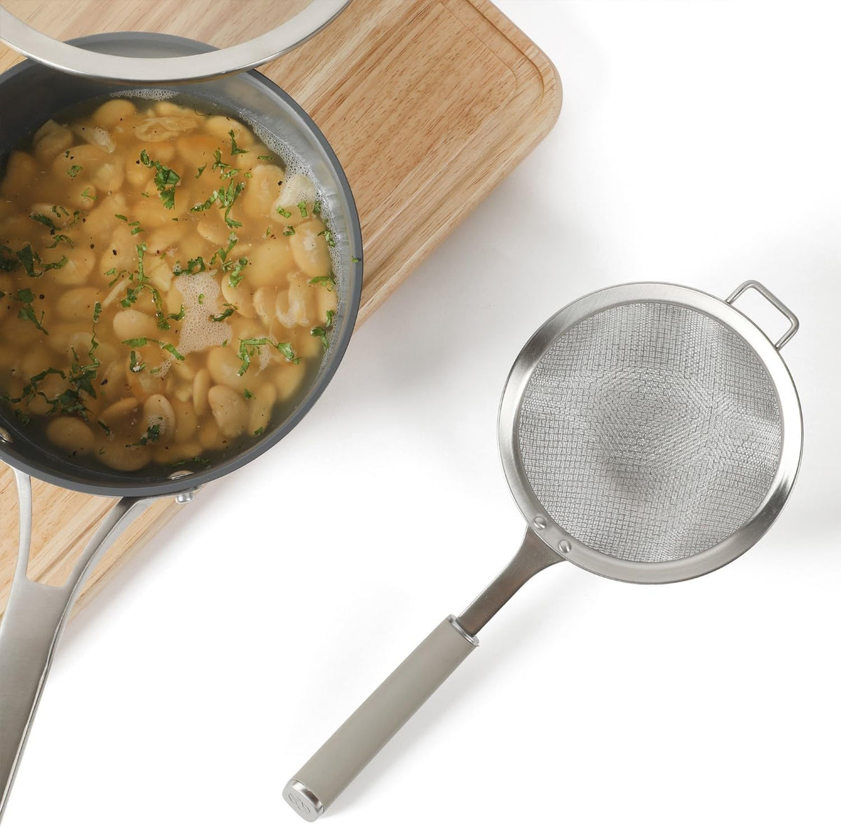 Calphalon Prime Edge 5-Inch Stainless Steel Strainer, Fine Mesh Kitchen Colander Strainer with Thermoplastic Rubber Handle, Sifter for Rinsing, Draining & Straining Food, Navy