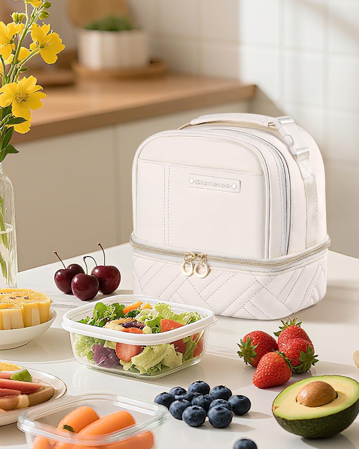 Double Deck Lunch Box Bag Women - Vegan Leather Insulated Waterproof Leakproof Cooler for Work Travel Picnics - Teacher Mothers Day Christmas Birthday Gifts
