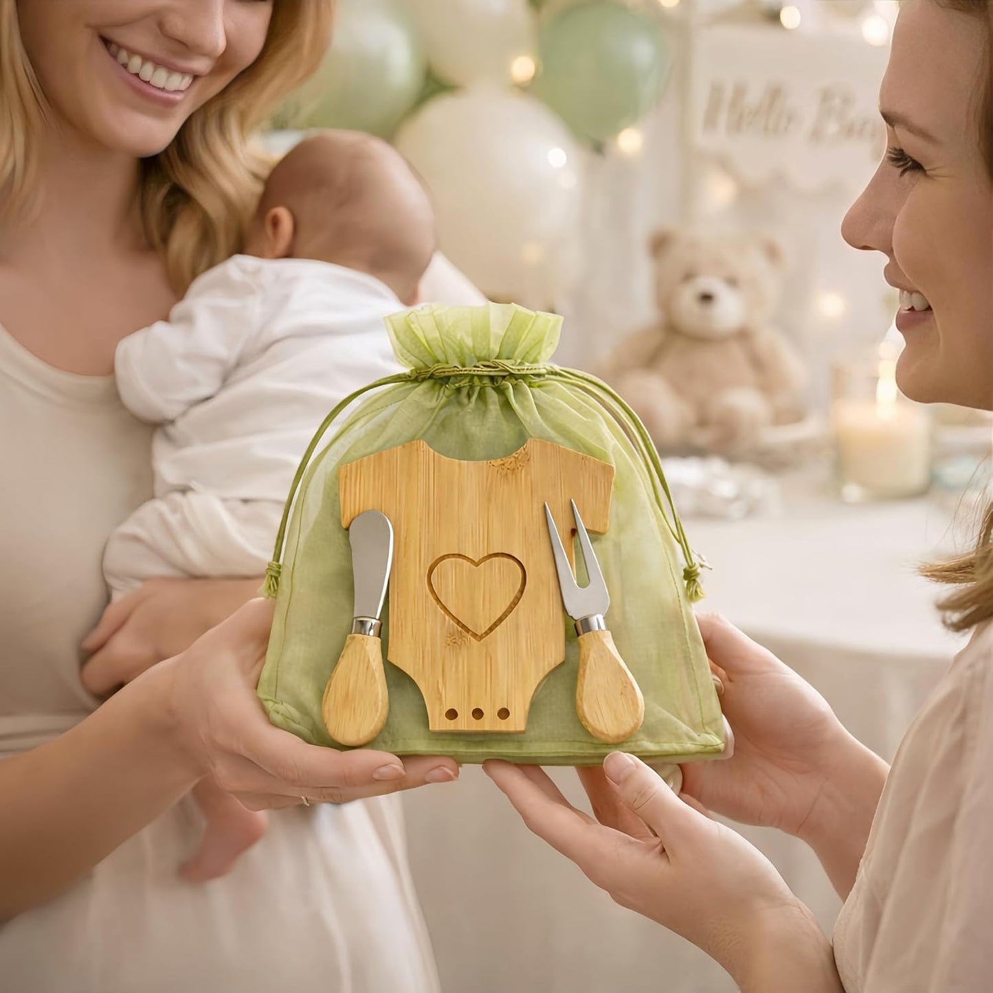 6 Sets Mini Wooden Cheese Board, Baby Shower Favors for Guests, Baby Shower Prizes for Game Winners, Baby Bodysuit-Shaped Bamboo Charcuterie Board Gift Set with Spreader Knife, Fork & Organza Bag