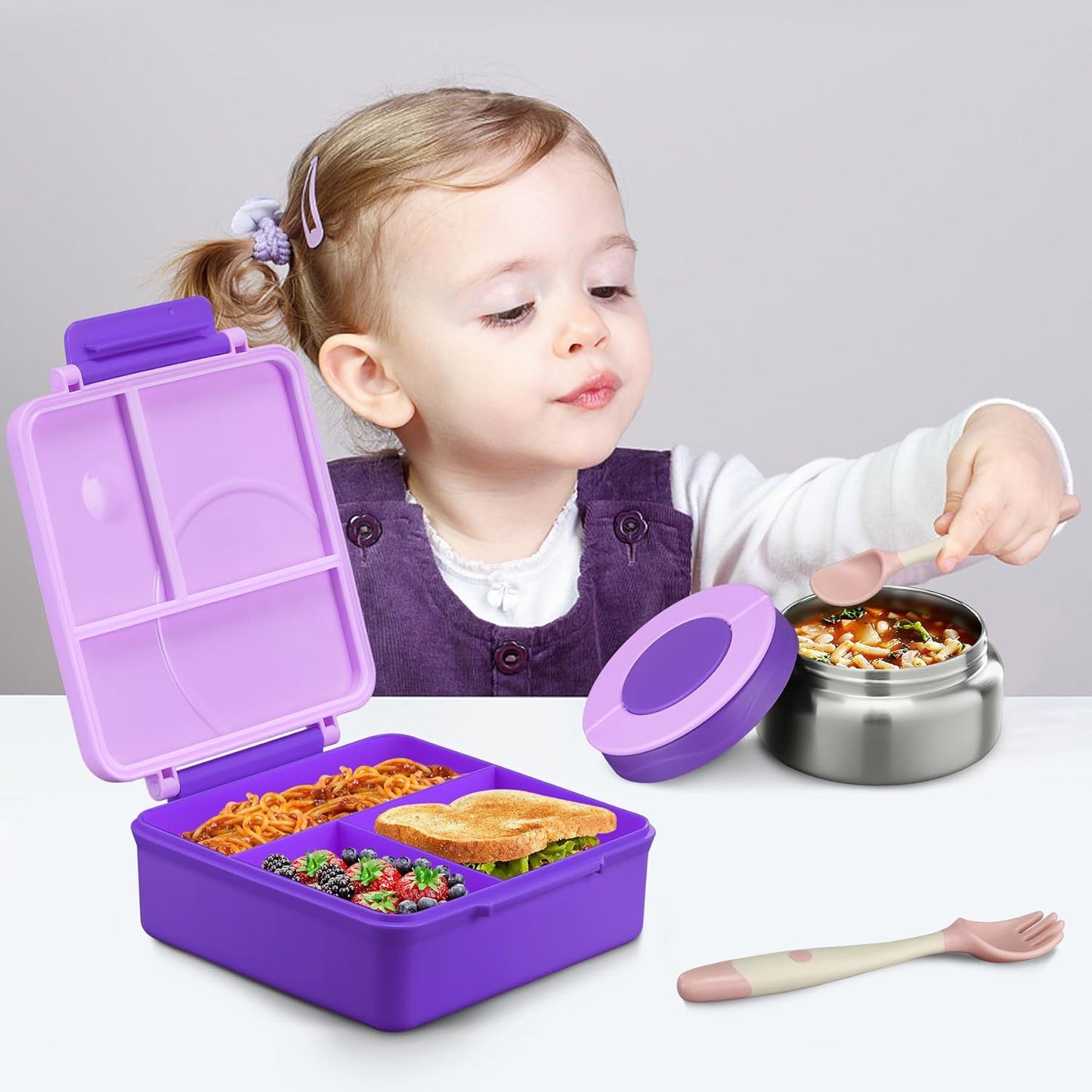 Itslife Bento Lunch Box for Kids with 8oz Soup Thermo&Lunch Bag, Leak-Proof Lunch Food Containers with 4 Compartment, Hot Food Insulated Food Jar for Kids School (Green)