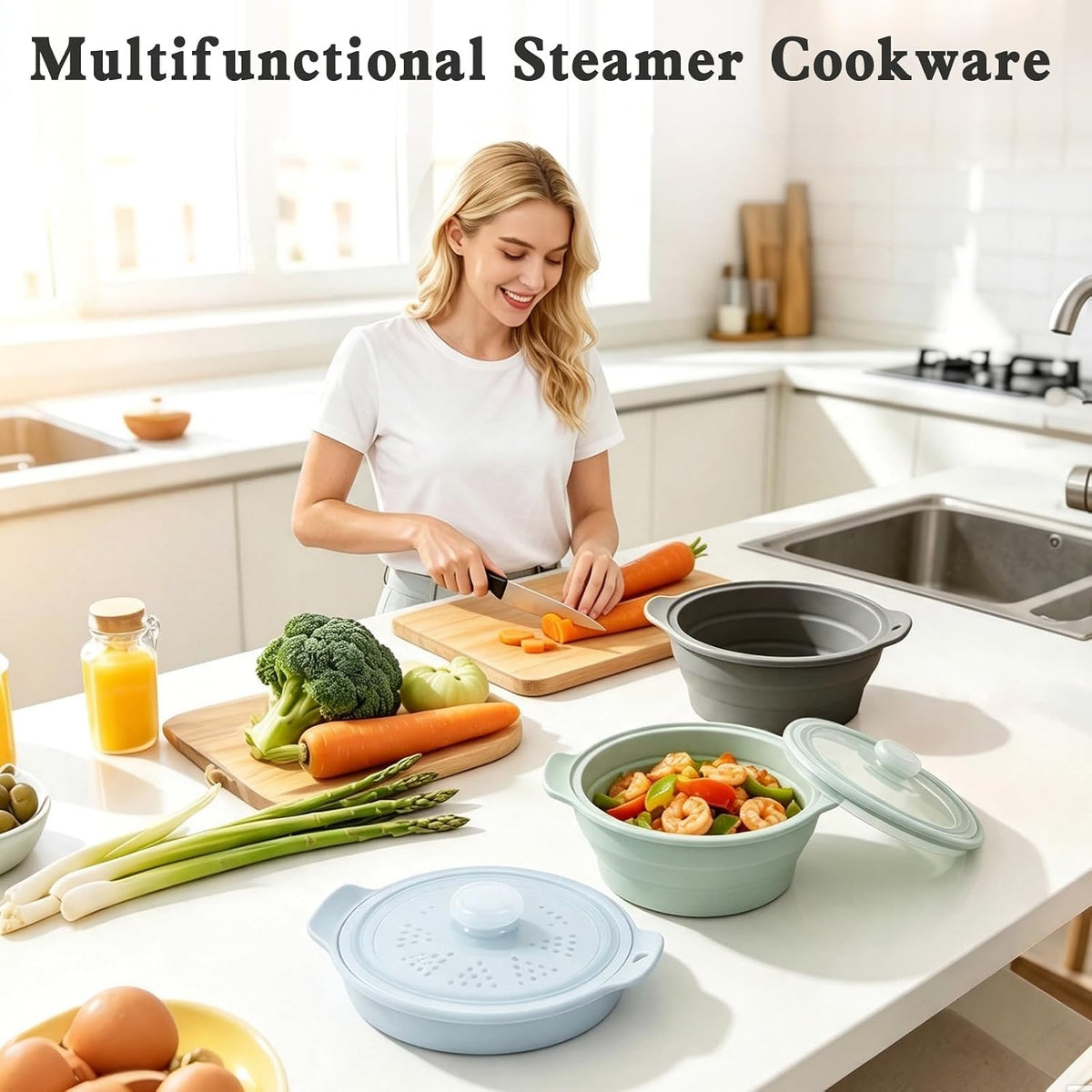 42oz Upgraded Silicone Foldable Microwave Steamer (Light Green)