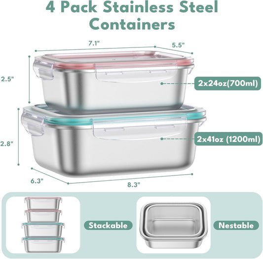 8 PCS Food Storage Containers with Lids Airtight, Stainless Steel Containers Set for Kitchen Storage, Meal Prep, Lunch Containers, Microwave/Dishwasher Safe (41oz & 24oz)