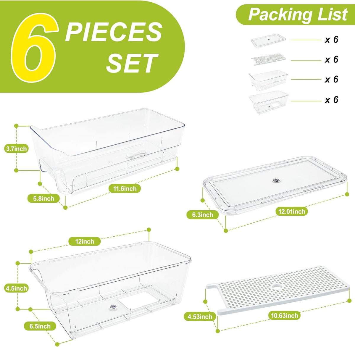 4-Pack Refrigerator Drawer Organizer Bins, Clear Stackable Pull Out Fridge Organizers and Storage Container, with Strainer Layer for Fruits, Vegetables, Drinks, Snack and Food