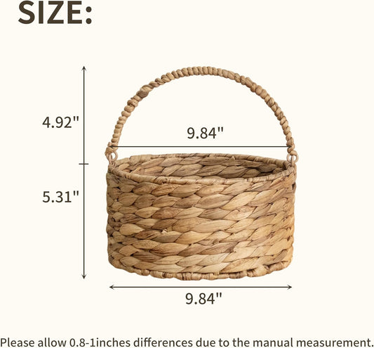 Round Water Hyacinth Storage Basket Handwoven Boho Decor with Handle for Bathroom, Living Room & Kitchen Countertop Organizer 9.84” x 5.51”