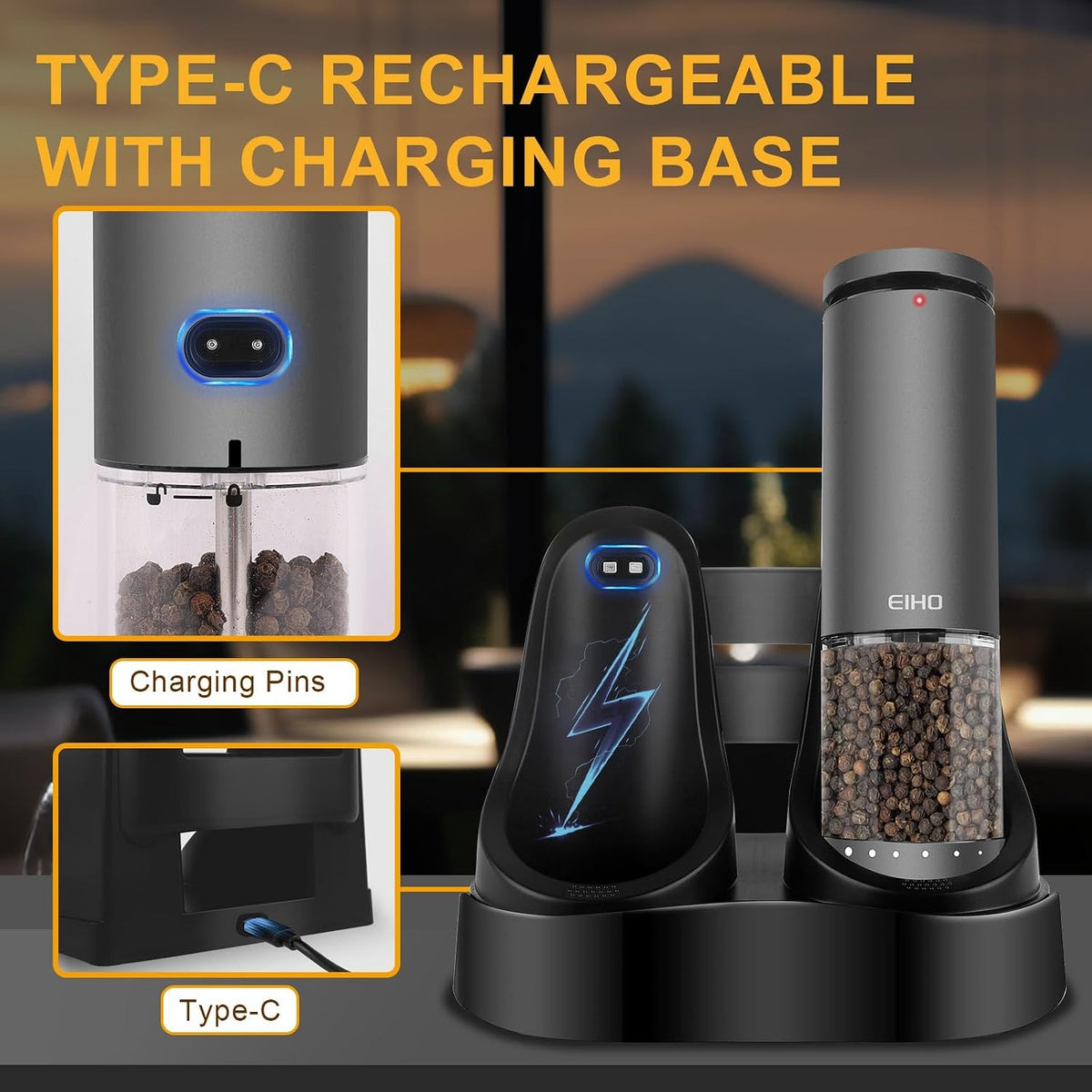 EIHO Electric Salt and Pepper Grinder Set USB Rechargeable, Upgraded External Adjustable Coarseness, Stainless Steel Automatic Salt and Pepper Shakers Mills with LED Light, House Warming Cooking Gifts