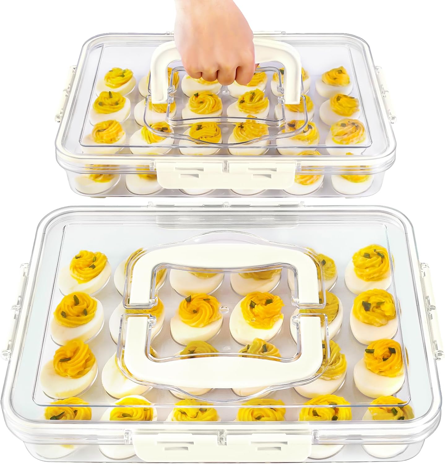 MesRosa 2 Pack Deviled Egg Containers with Lid and Handle, Durable Clear Plastic Deviled Egg Carrier Storage 48 Eggs, Stackable Egg Holder for Fridge, Portable Tray Platter for Party & Picnics-White