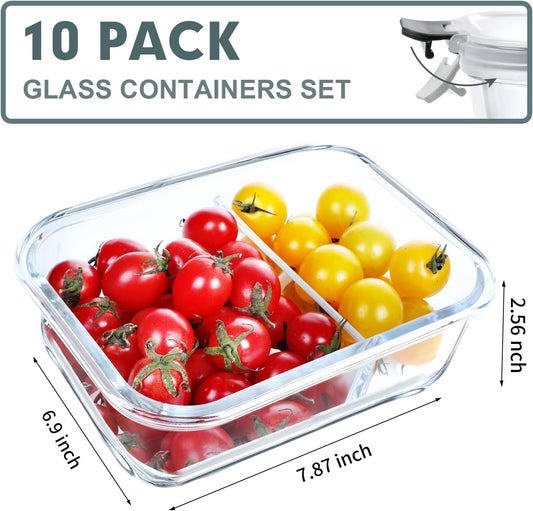 VERONES 10 Pack Glass Meal Prep Containers 2 Compartment Set, 30 OZ Airtight Glass Lunch Containers, Glass Food Storage Containers with Lids, for Microwave, Oven, Freezer & Dishwasher Friendly,Grey