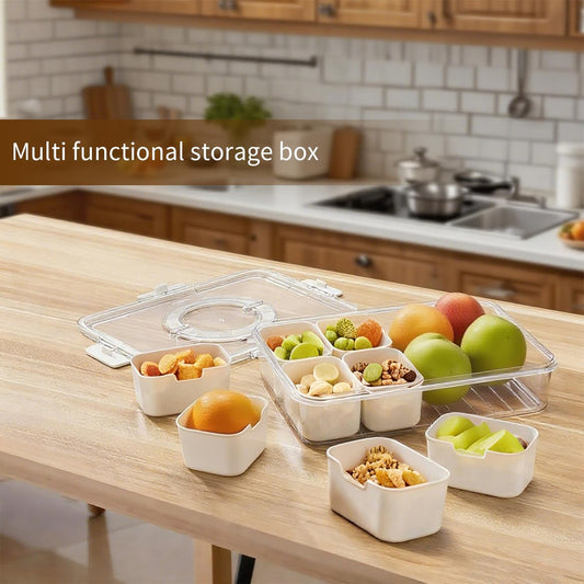 Snackle Box Container,Portable Snack Box 8 Compartment Divided Serving Tray with Lid and Handle,Clear Storage Organizer for Fruit Candy Nuts -Perfect for Road Travel Party(1 Pack)