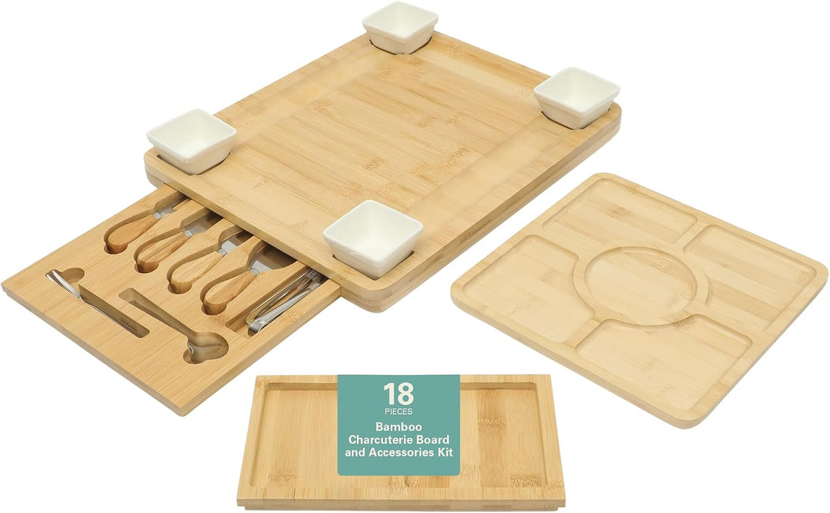 Gibson Home Rustic Inspirations 18-Piece Bamboo Charcuterie Board Set for Serving – Large Cheese & Fruit Tray with Hidden Drawer Ceramic Bowls Utensils – Gift for Entertaining Housewarming Holidays