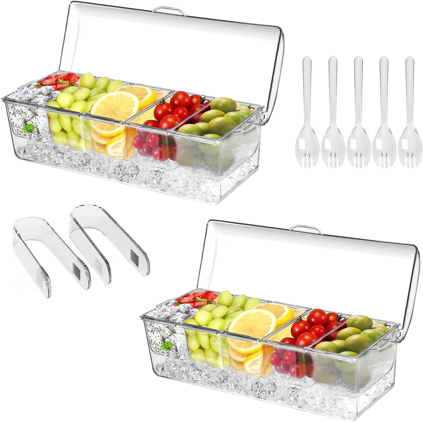 Large Ice Chilled Condiment Caddy,Chilled Condiment Containers Server with Lids for 5 Removable Compartments (2.5 cup),Serving Platters , Fruit & Garnish Tray for Party Supplies & Bar Accessories