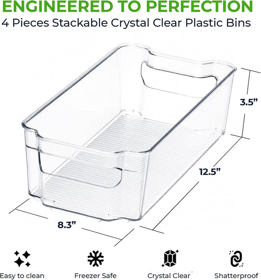 Zulay Kitchen 4 Pack Refrigerator Organizer Bins – Large Clear Fridge Storage Containers with Built-In Handles & Non-Slip Feet - Ideal Fridge Organizers, Kitchen Cabinets, Pantry Organization