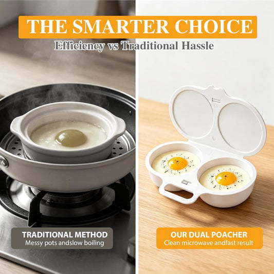 2pcs Dual Cavity Microwave Egg Poacher, White Egg Poacher, Microwave Poacher for 2 eggs, Food-Grade PP Material Microwave Egg Cooker, Portable Breakfast Maker with Lid and Easy-Grip Handle