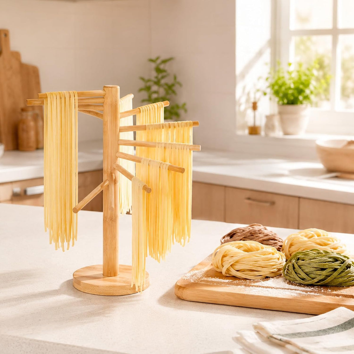 NQEUEPN Pasta Drying Rack with Transfer Wand, Noodle Drying Stand