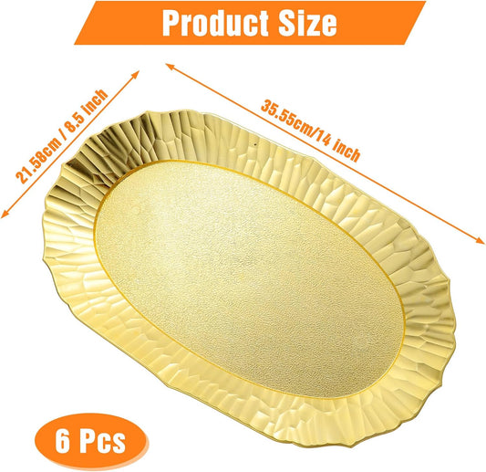 6 Pack Plastic Serving Tray Set, Gold Rectangular Serving Platters 14"x8.5", Reusable Food Display Trays, Decorative Appetizer Platters for Party Dessert Table Cupcake Charcuterie Cookies