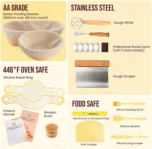 DOYOLLA Bread Proofing Baskets Set, 10 inch Oval & 8.5 inch Round Sour Dough Proofing Bowls w/Tools for Sourdough Bread Baking Supplies, Baking Gifts, Bread Making Kit