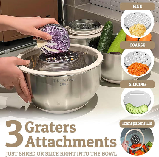 Mixing Bowles Set with Lids Set - Warp-Proof TPR-AS Lids, Stainless Steel Mixing Bowl with 3 Graters & Measuring Lines, Non-Slip Bowls for Baking, Prep, Airtight Food Storage (Khaki 5/3/2/1.5/0.63QT)
