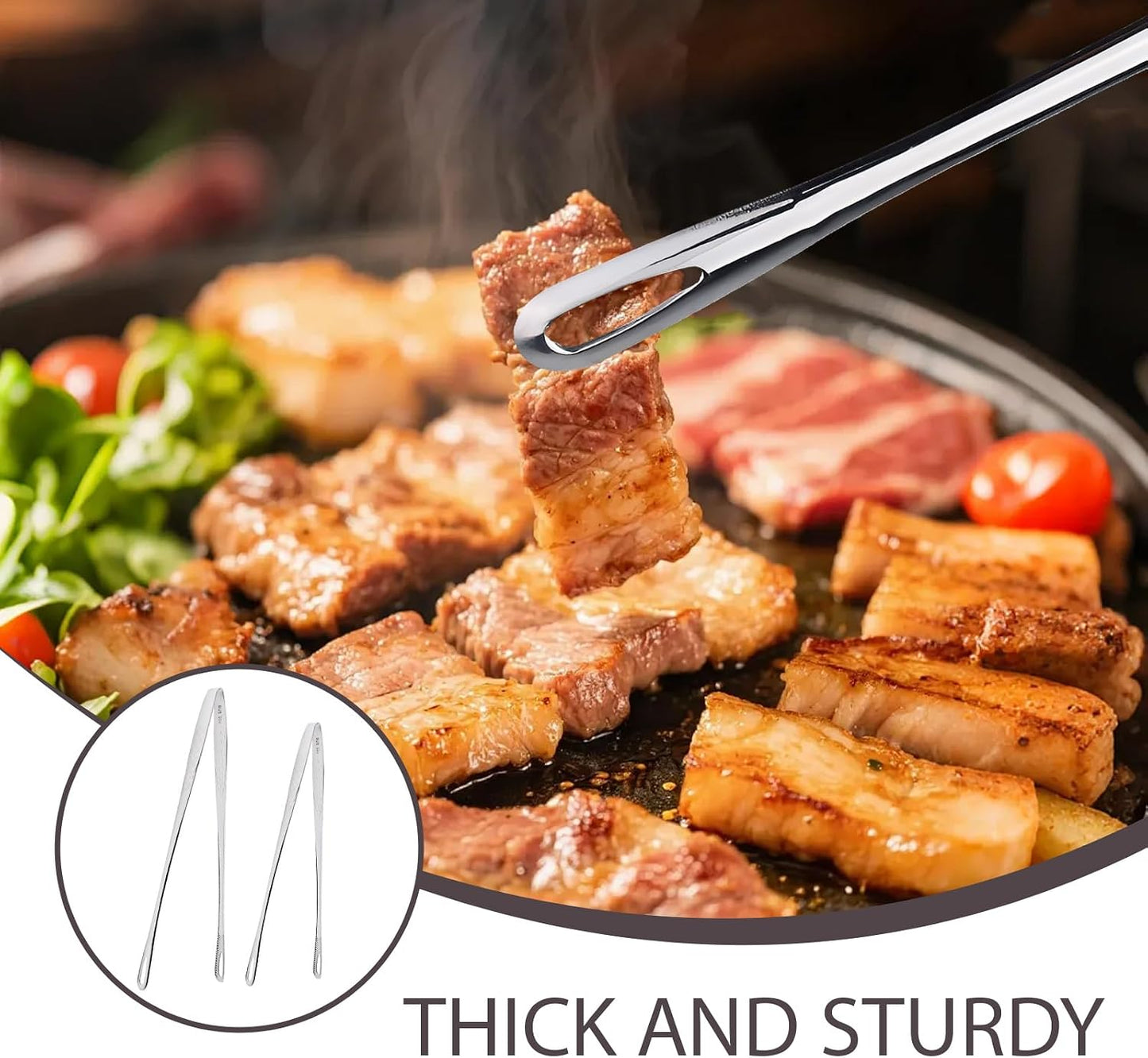 2 Pcs Stainless Steel BBQ Grill Tongs, Kitchen Tongs for Cooking, 11 inch & 9.4 inch Grill Tongs Set, BBQ Tweezers, Cooking Clamp Tool for Grilling Steak Vegetables Salad, Clip Head Hollow Design