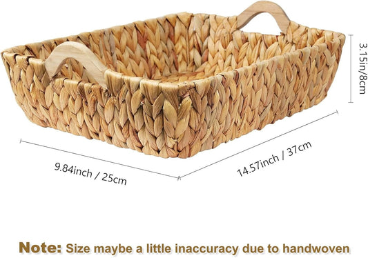 Woven Storage Baskets for Shelves (2-Pack), Handwoven Water Hyacinth Decorative Wicker Baskets with Wooden Handles for Pantry, Bathroom & Closet Organization (14.6" x 9.8" x 4.3")