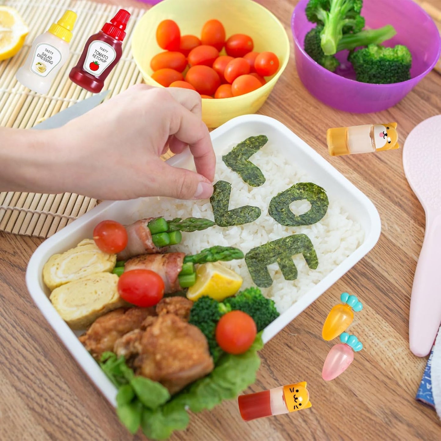 143 Pcs Bento Box accessories Ketchup Squeeze Bottles Kids Lunch Accessories Reusable Food Picks Mini Sauce Bottles And Animal Fruit Food Toothpicks for Camping Office Lunch Box Accessories