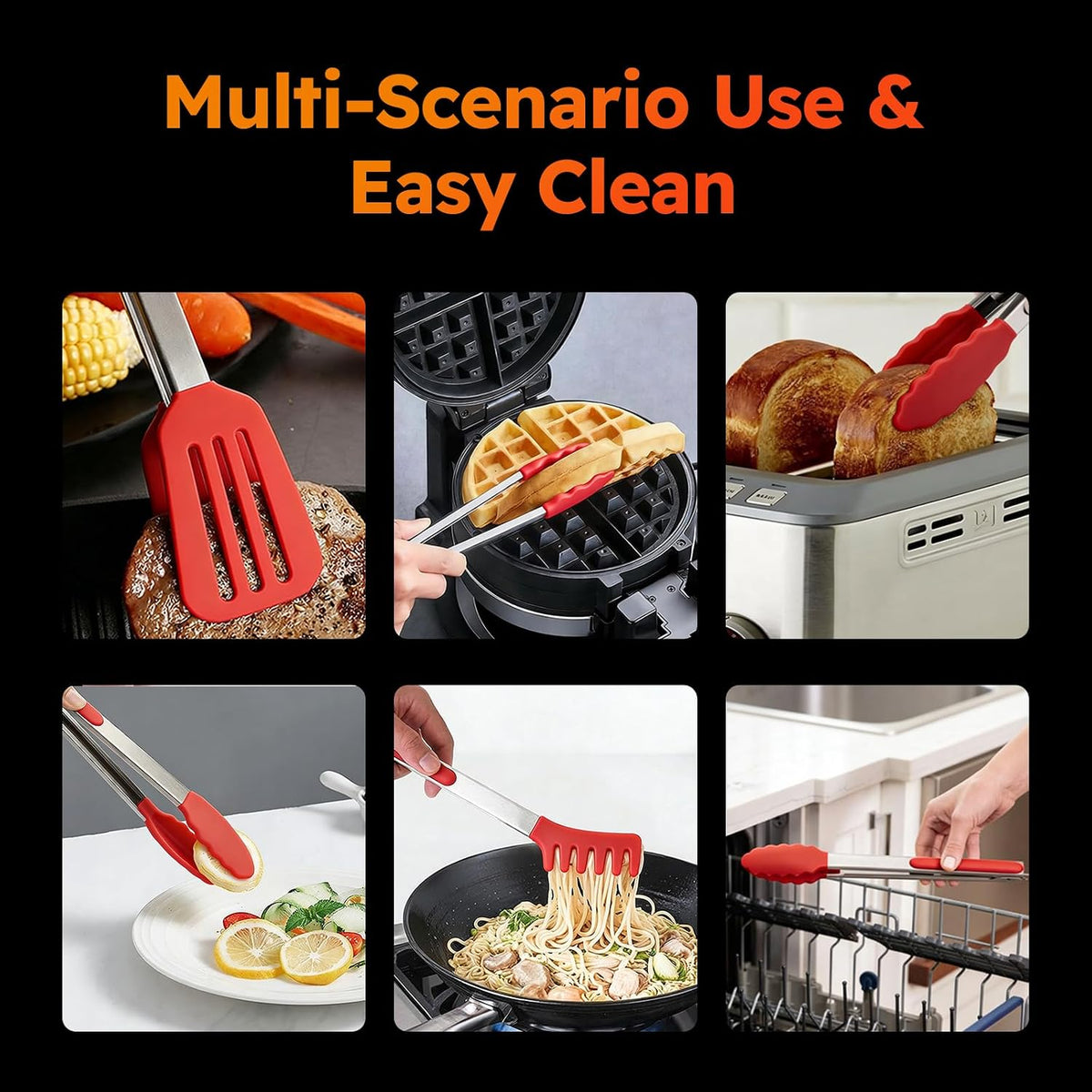 HST 3 Pack Kitchen Tongs, Non Stick Stainless Steel 9 Inch Tongs