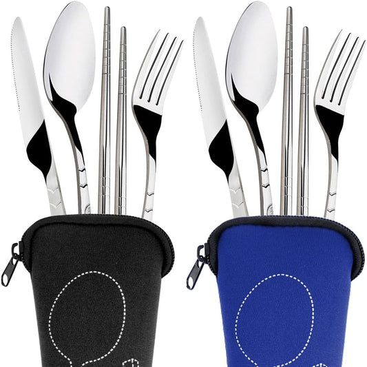 SENHAI 8 Pieces Flatware Sets Knife, Fork, Spoon, Chopsticks, 2 Pack Rustproof Stainless Steel Tableware Dinnerware with Carrying Case for Traveling Camping Picnic Working Hiking