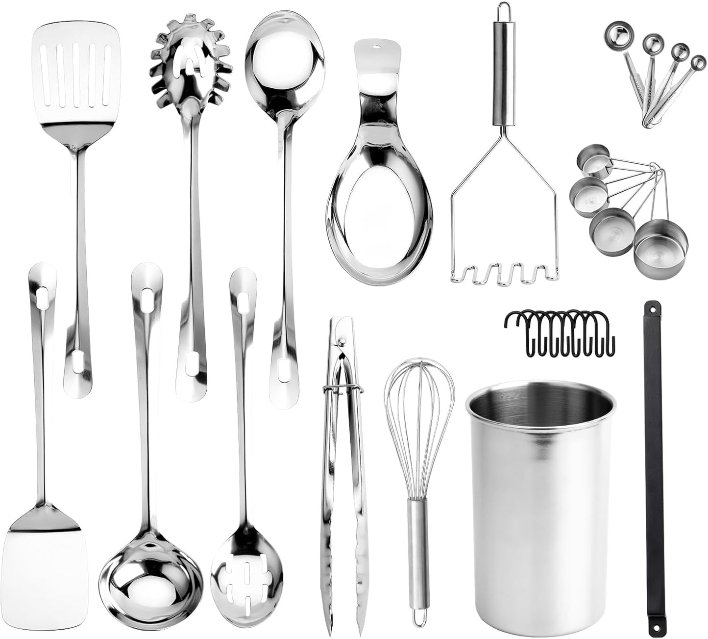 COOK WITH COLOR Kitchen Utensil Set - premium Nonstick & Heat Resistant Kitchen Gadgets, Turner, Spaghetti Server, Serving Spoons, Whisk, Tongs, Masher & Utensil Holder, 10-piece Stainless Steel