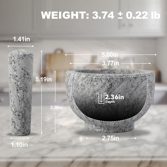 Koville 5 Inch 1.5 Cup-Capacity Mortar and Pestle Set - Heavy Natural Granite Spice Grinder Bowl, Unpolished Heavy Granite for Organic Appearance, Solid Stone Grinder Marble Spice Herb Grinder