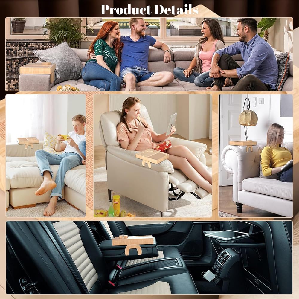 Wooden Couch Cup Holder Tray with 2 Rotatable Tray, Couch Arm Tray with 360° Rotating Phone Holder & Anti Slip Tray, Armrest Tray Table for Couch, for Snacks, Drinks, Remotes