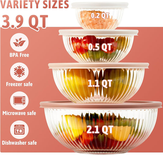 Freshmage Glass Mixing Bowls with Lids Sets, 4 Packs Glass Bowls with Lids for Kitchen Baking, Meal Prepping and Salad, Bpa Free and Dishwasher Safe Serving Bowls, 0.2/0.5/1.1/2.1