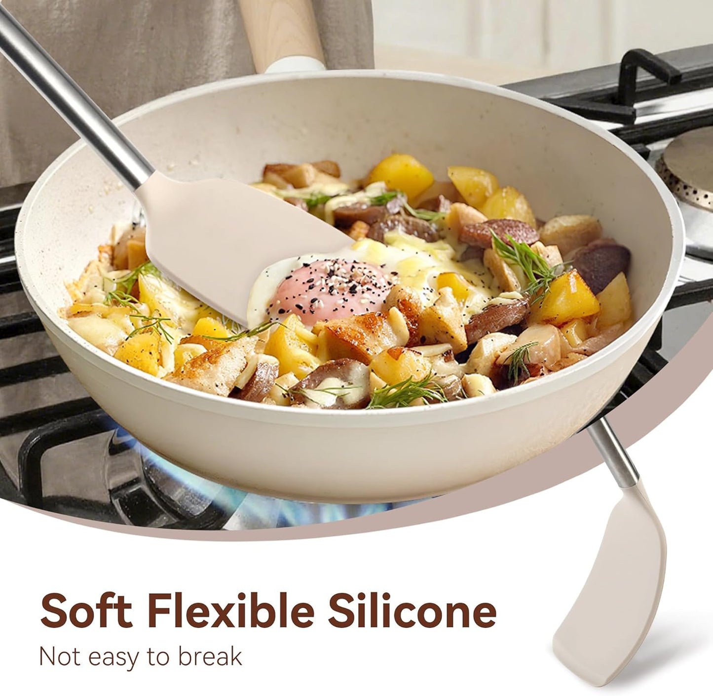 Silicone Cooking Utensils Set, NCUE 35 Pcs Kitchen Utensils Set with Holder, with Stainless Steel Handle Spatula Set, Spoons, Pasta Server, Cheese Grater, Masher, Scissors, Dishwasher Safe (Khaki)