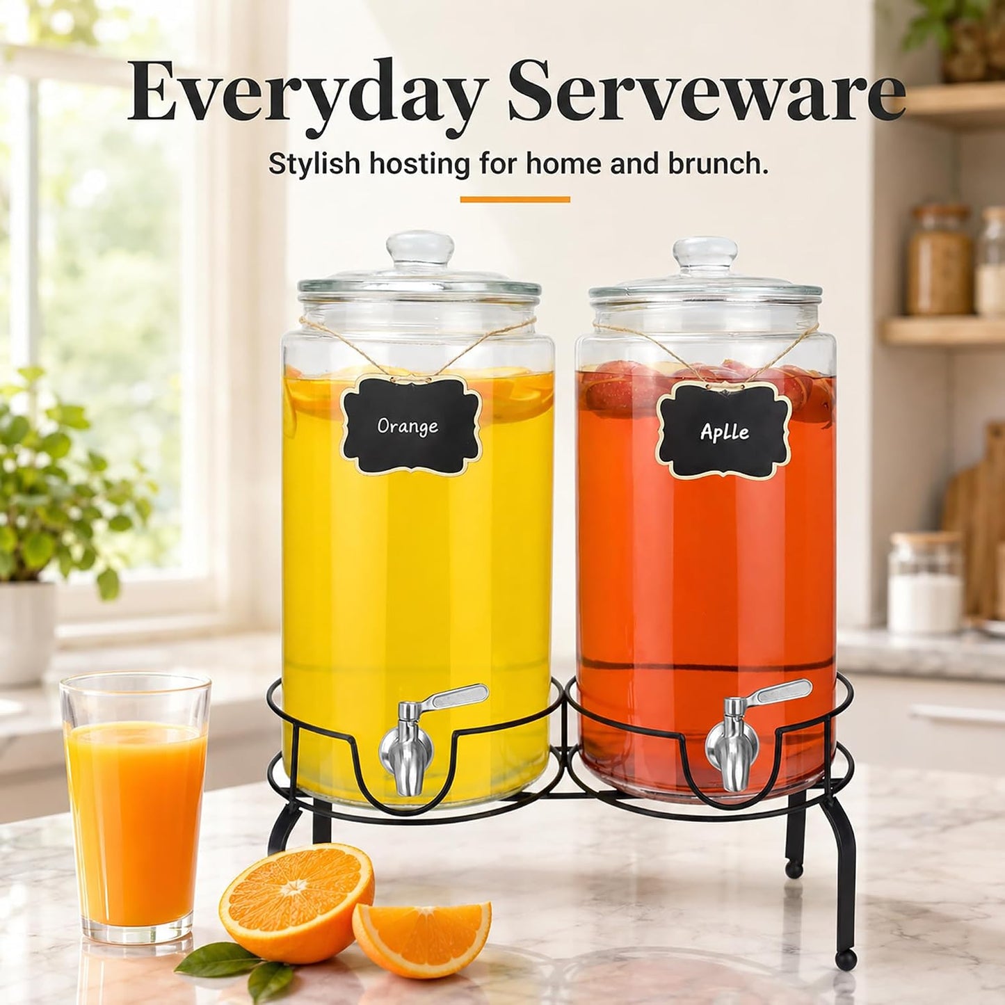 1 Gallon Beverage Dispenser 1 Pack, Stainless Steel Spigot Drink Dispenser for Parties with Stand, Clear Glass Drink Container Easy to Refill and Clean