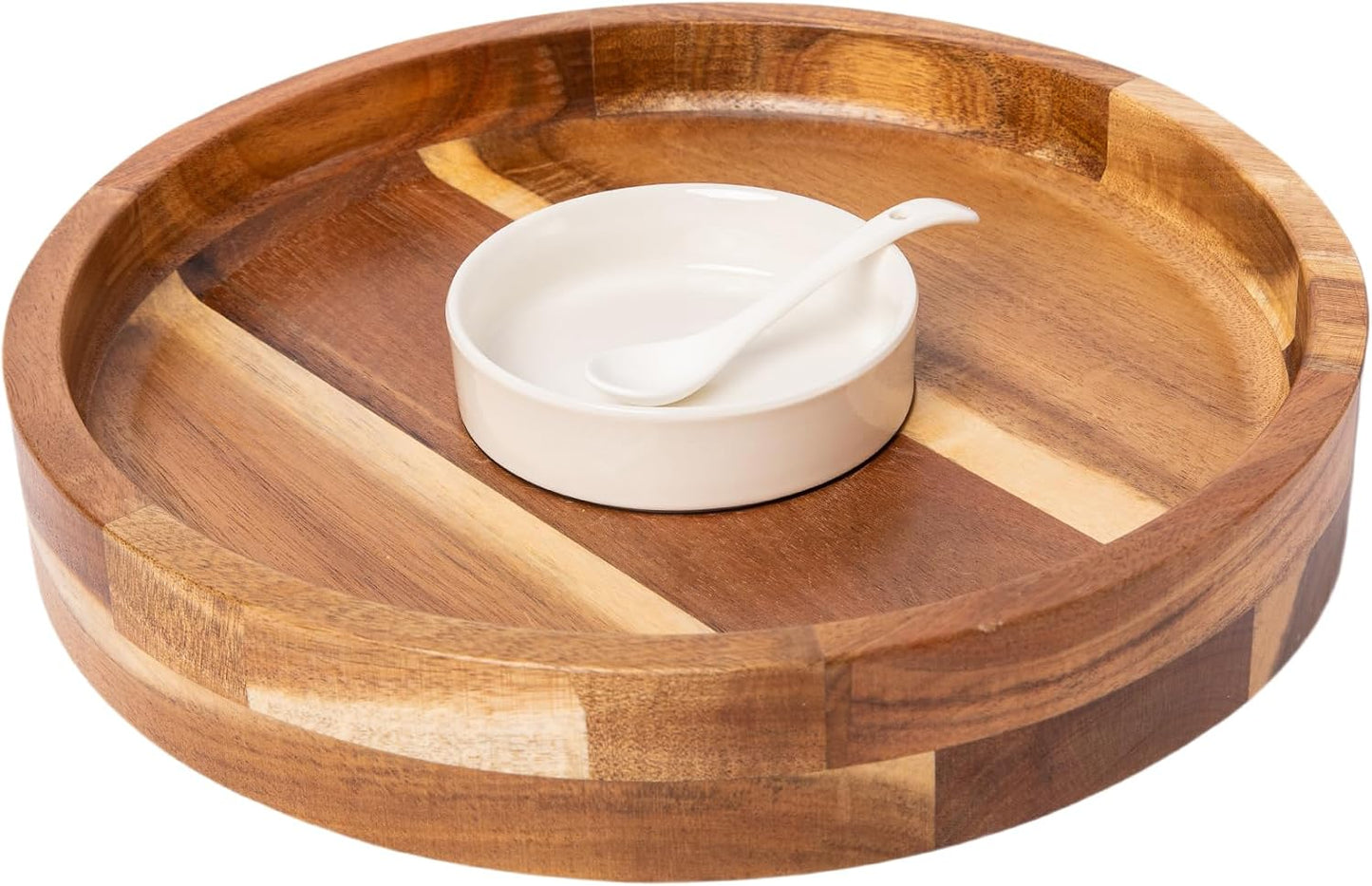 Defined Deco12in Serving Tray and Platters, Acacia Wood chip & dip Sets for Party, 360° Rotatable Serving Dishes for Chips and Dip, Fruit,Veggies, Candy and Snack, (Including 2X Dip Bowls, 1 Spoon)